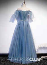 Sabina |Long Light Blue Prom Dresses Stores With Sweetheart - Neck Tulle Flare Sleeves Beaded Sequin - Price #price_variant_lowest# - Light Blue - PromDressClub